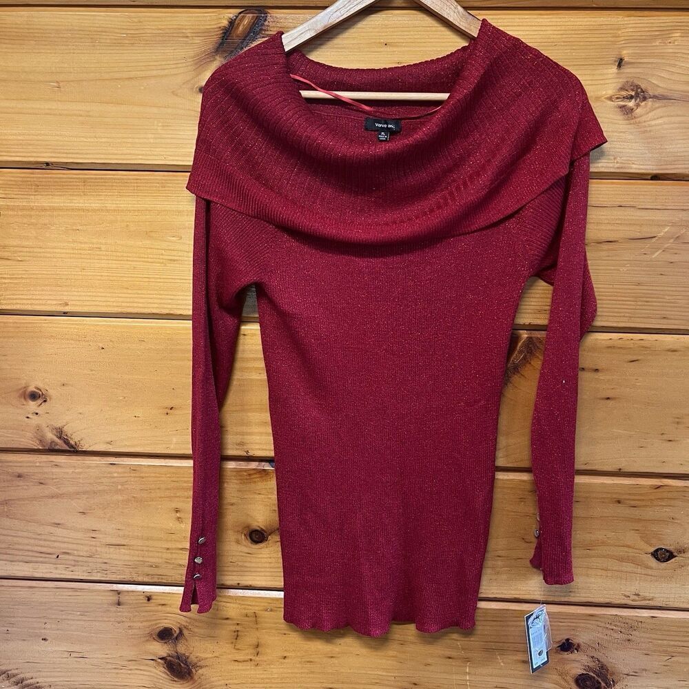 NWT Verve Ami Womens Red Sparkly Off Shoulder Sweater Long Sleeve LS Size XL